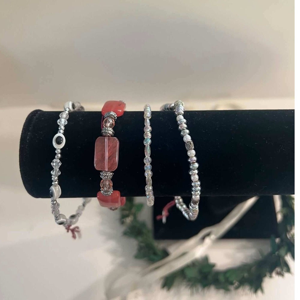 Set of 4 Beaded Bracelets Pink Stone Evil Eye Stackable Witchy Celestial Goddess